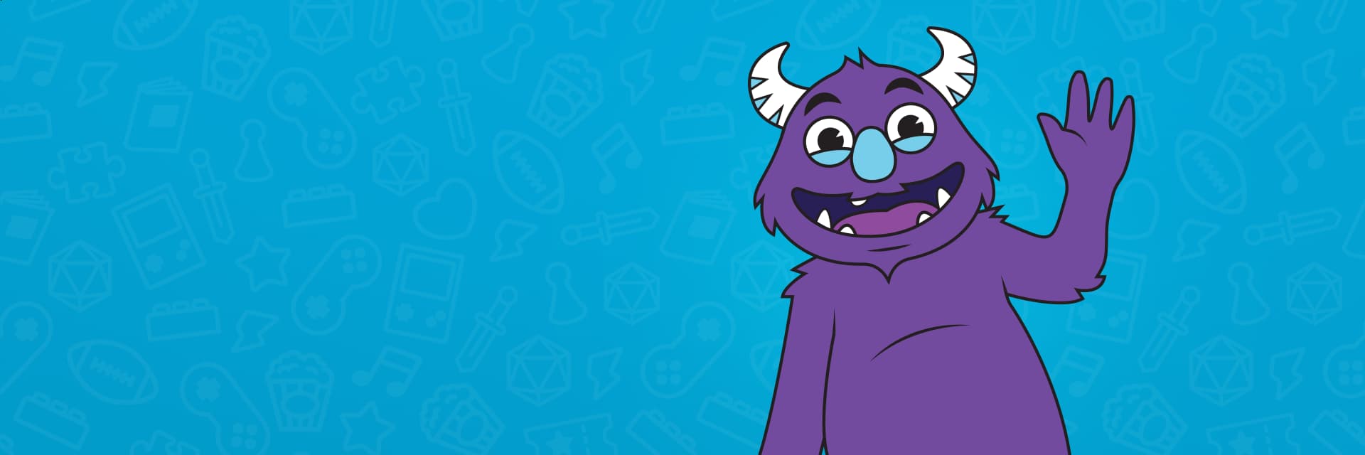 The Fun.com monster set against a blue background featuring various pop culture related icons